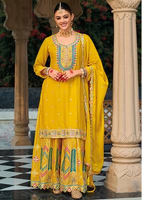 Mustard faux chinon embroidered readymade salwar kameez 1
