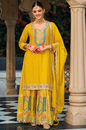 Mustard faux chinon embroidered readymade salwar kameez
