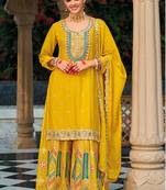 Mustard faux chinon embroidered readymade salwar kameez