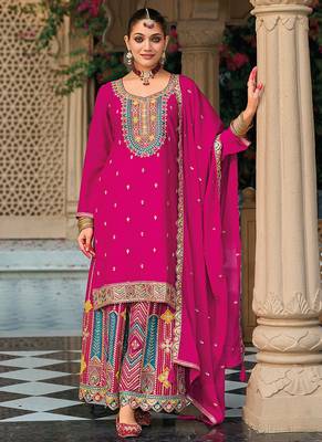 Hot pink faux chinon embroidered readymade salwar kameez 1