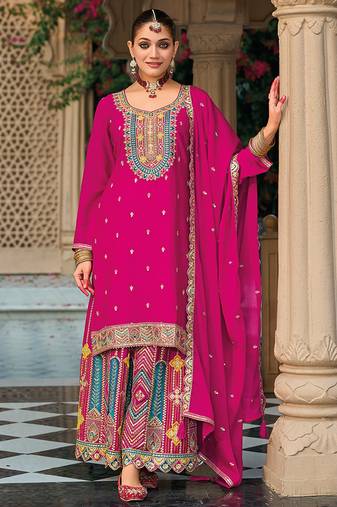 Hot pink faux chinon embroidered readymade salwar kameez