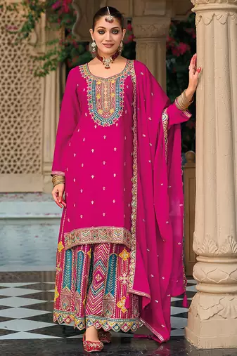 Hot pink faux chinon embroidered readymade salwar kameez