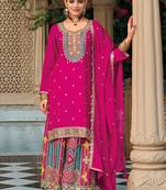 Hot pink faux chinon embroidered readymade salwar kameez