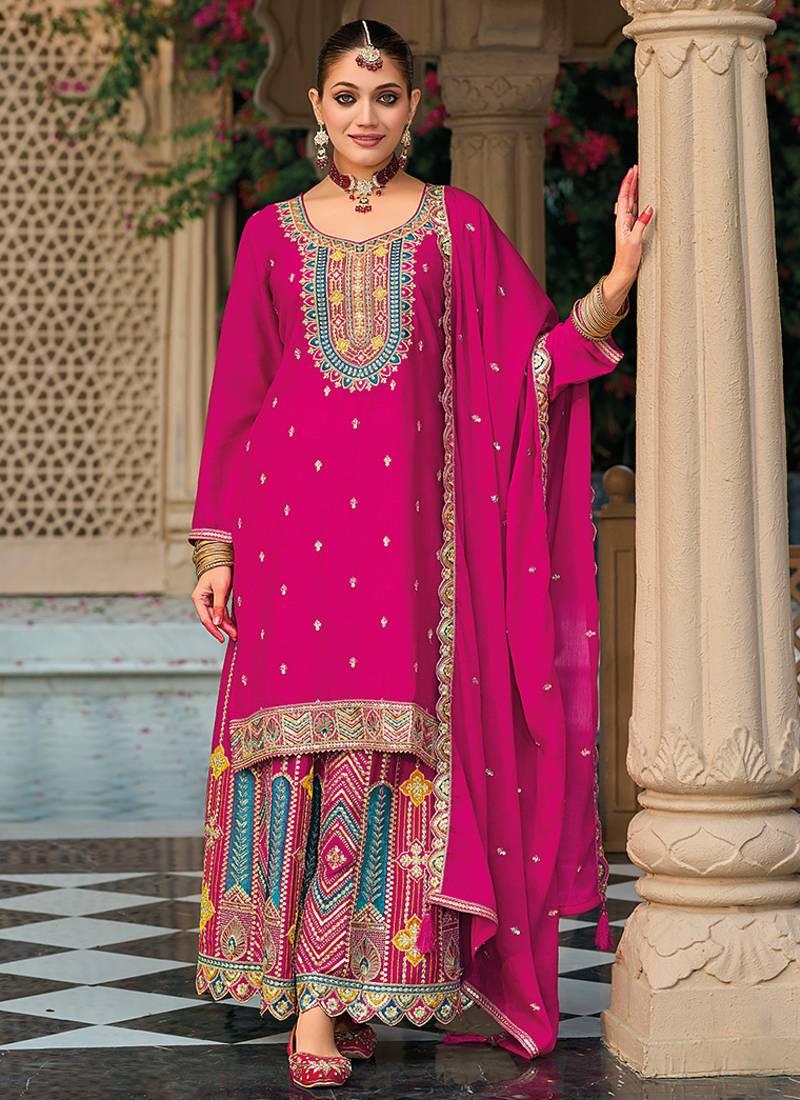 Hot pink faux chinon embroidered readymade salwar kameez