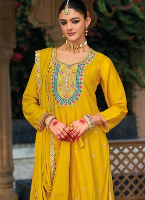 Mustard faux chinon embroidered readymade salwar kameez 2