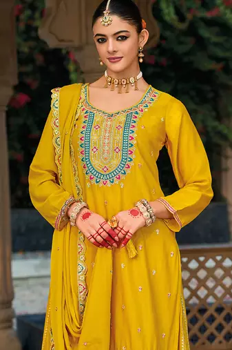 Mustard faux chinon embroidered readymade salwar kameez