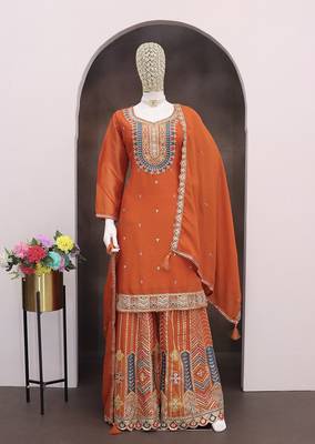 Orange faux chinon embroidered readymade salwar kameez 3