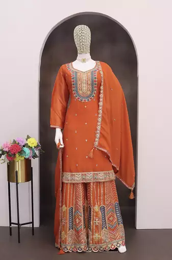 Orange faux chinon embroidered readymade salwar kameez