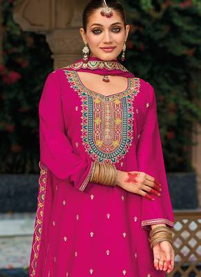 Hot pink faux chinon embroidered readymade salwar kameez 2