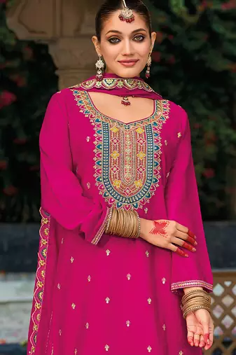 Hot pink faux chinon embroidered readymade salwar kameez
