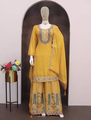 Mustard faux chinon embroidered readymade salwar kameez 3