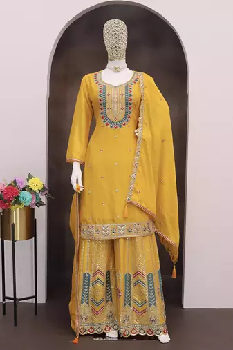 Mustard faux chinon embroidered readymade salwar kameez