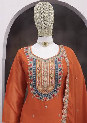Orange faux chinon embroidered readymade salwar kameez 4