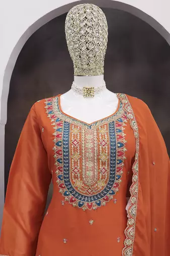 Orange faux chinon embroidered readymade salwar kameez
