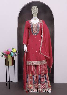 Hot pink faux chinon embroidered readymade salwar kameez 3