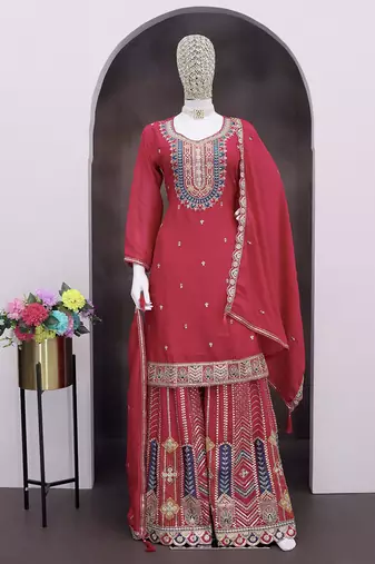 Hot pink faux chinon embroidered readymade salwar kameez