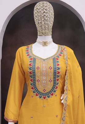 Mustard faux chinon embroidered readymade salwar kameez 4