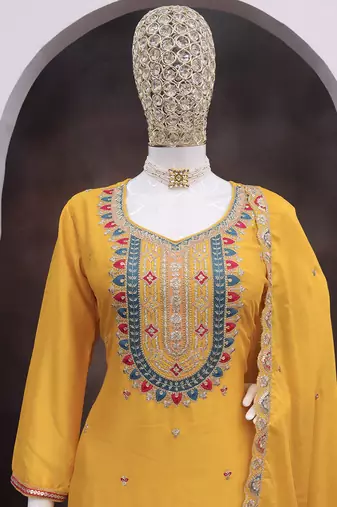 Mustard faux chinon embroidered readymade salwar kameez