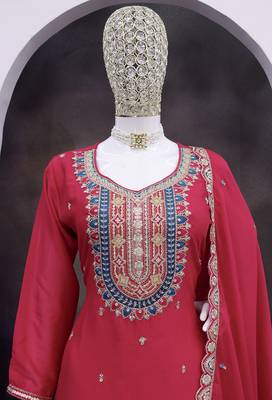 Hot pink faux chinon embroidered readymade salwar kameez 4