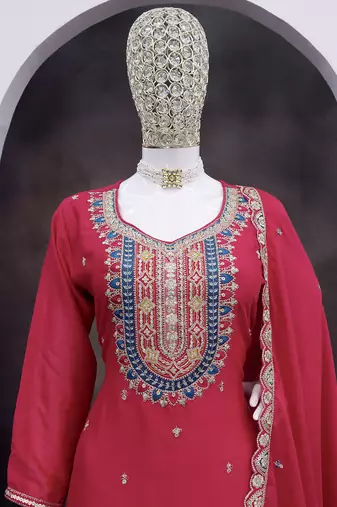 Hot pink faux chinon embroidered readymade salwar kameez