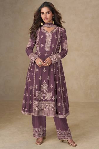 Dark mauve faux chinon embroidered readymade salwar suit