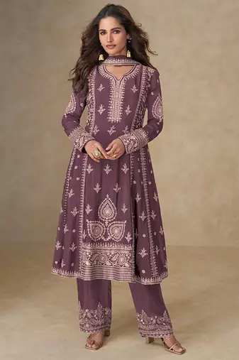 Dark mauve faux chinon embroidered readymade salwar suit