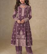 Dark mauve faux chinon embroidered readymade salwar suit
