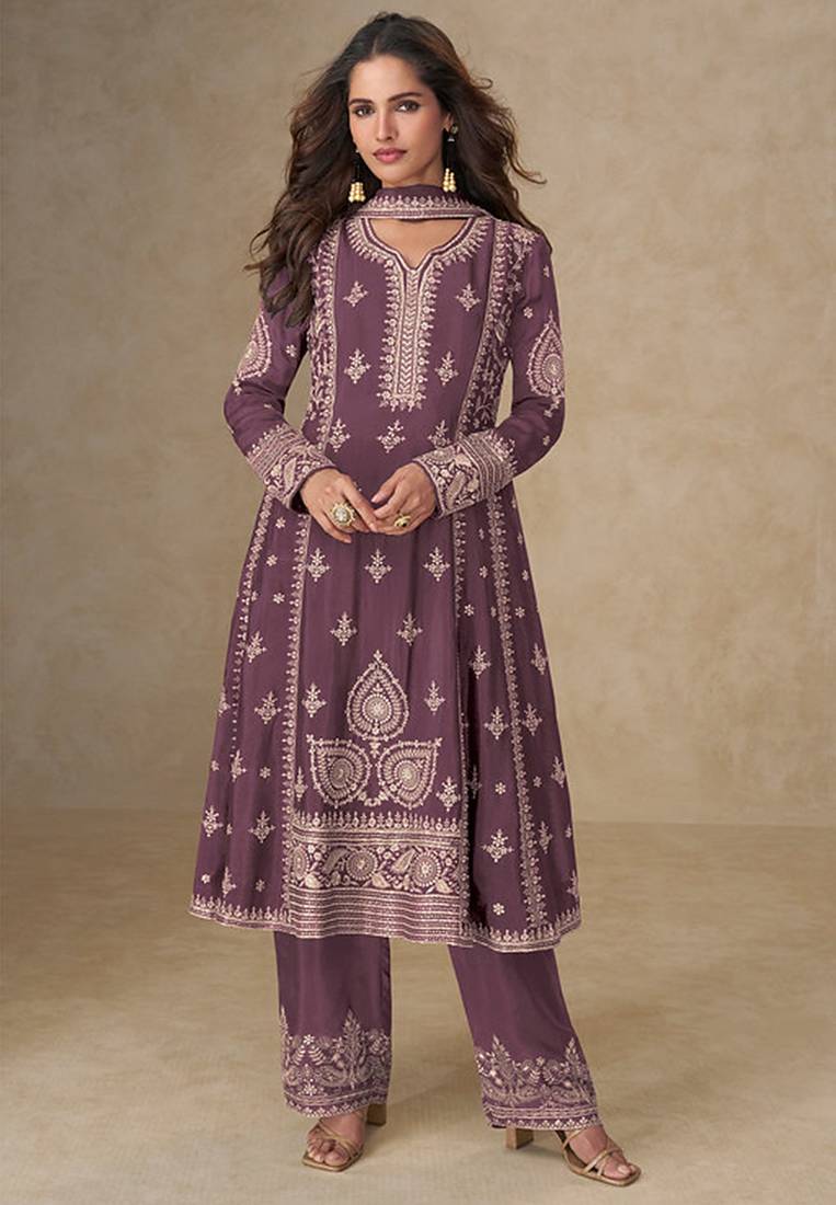 Dark mauve faux chinon embroidered readymade salwar suit