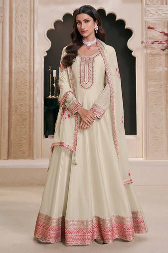 Off white silk blend embroidered readymade salwar kameez