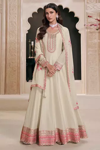 Off white silk blend embroidered readymade salwar kameez