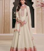 Off white silk blend embroidered readymade salwar kameez
