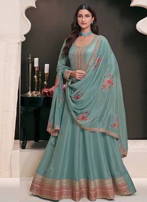 Turquoise silk blend embroidered readymade salwar kameez 1