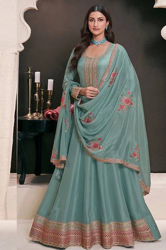 Turquoise silk blend embroidered readymade salwar kameez