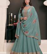 Turquoise silk blend embroidered readymade salwar kameez