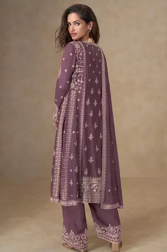 Dark mauve faux chinon embroidered readymade salwar suit