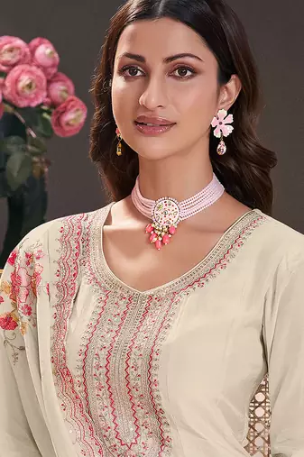 Off white silk blend embroidered readymade salwar kameez