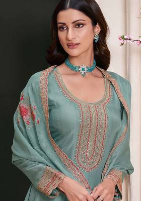Turquoise silk blend embroidered readymade salwar kameez 2