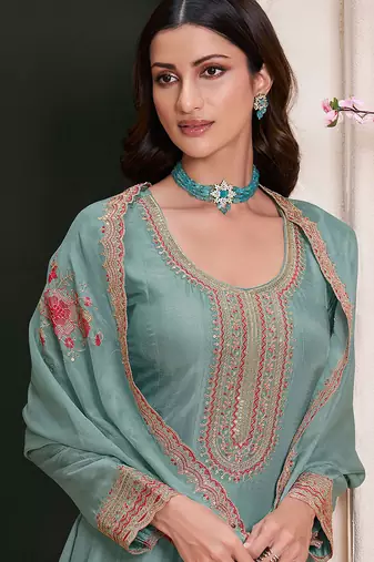 Turquoise silk blend embroidered readymade salwar kameez