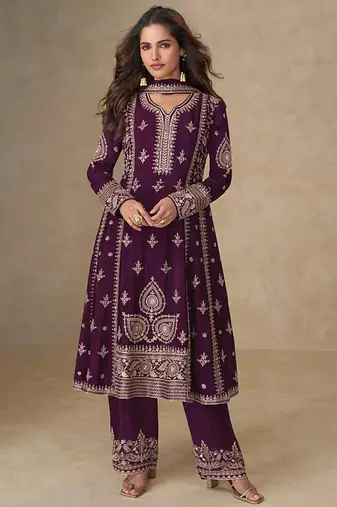 Wine faux chinon embroidered readymade salwar suit