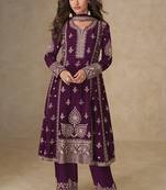 Wine faux chinon embroidered readymade salwar suit