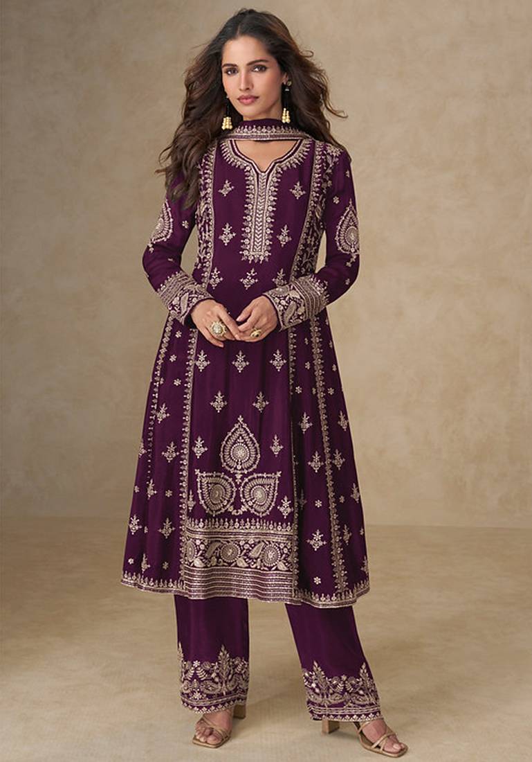 Wine faux chinon embroidered readymade salwar suit