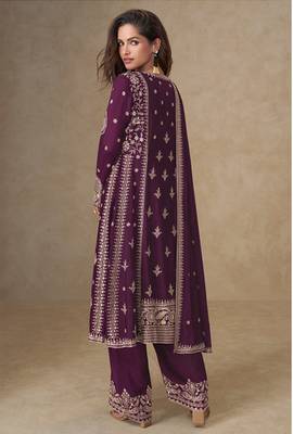 Wine faux chinon embroidered readymade salwar suit 2