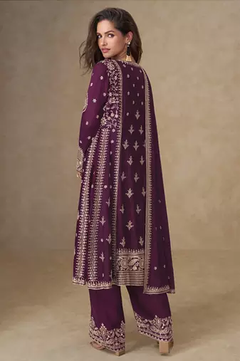 Wine faux chinon embroidered readymade salwar suit