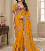 Yellow Color Beautiful Embroidery Dual Sequences And Coding Work With Multi Threads Work Satin Silk Blend Saree