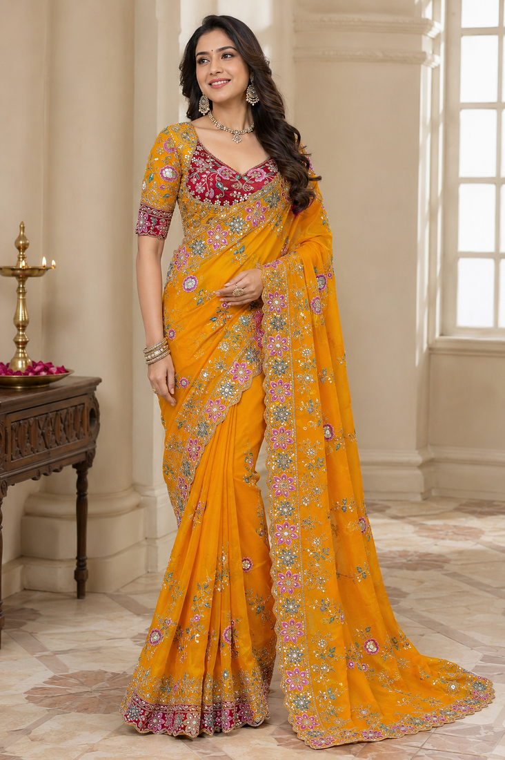 Yellow Color Beautiful Embroidery Dual Sequences And Coding Work With Multi Threads Work Satin Silk Blend Saree