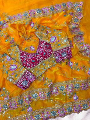 Yellow Color Beautiful Embroidery Dual Sequences And Coding Work With Multi Threads Work Satin Silk Blend Saree 2