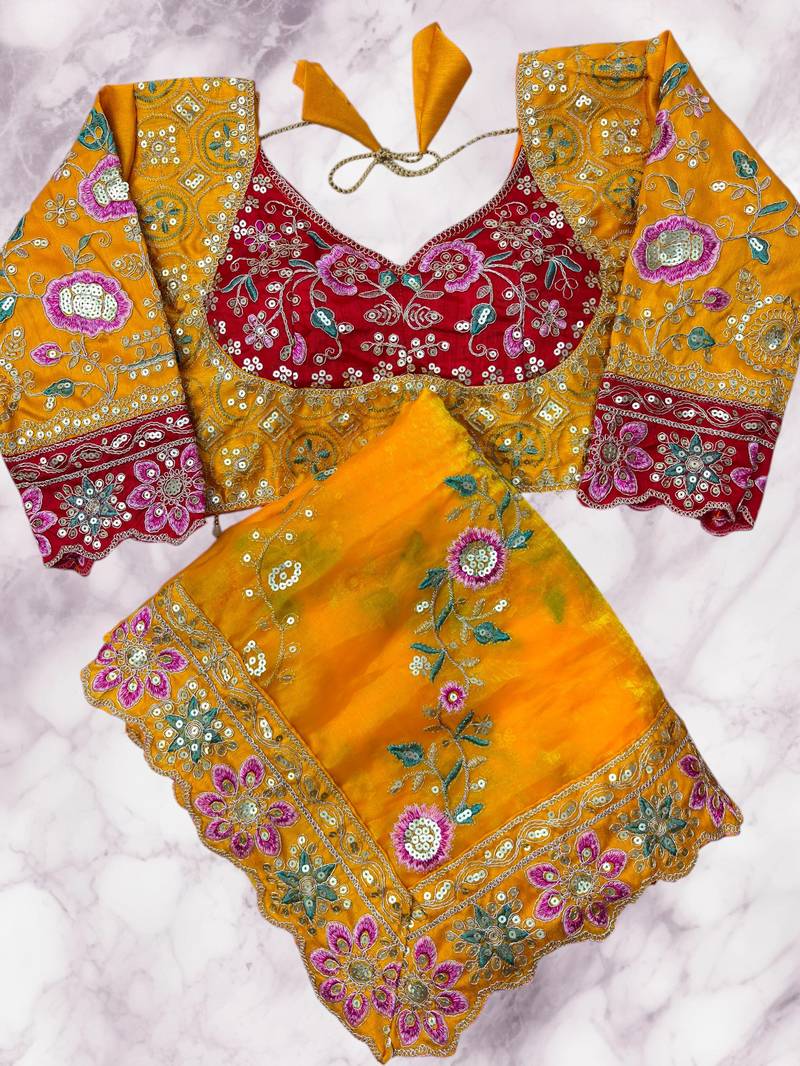 Yellow Color Beautiful Embroidery Dual Sequences And Coding Work With Multi Threads Work Satin Silk Blend Saree