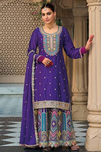 Violet faux chinon embroidered readymade salwar kameez