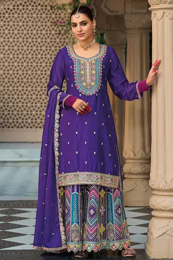 Violet faux chinon embroidered readymade salwar kameez