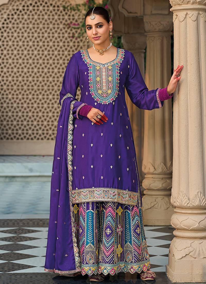 Violet faux chinon embroidered readymade salwar kameez